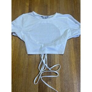 SHEIN Women Medium White Elastic Cuff Short Sleeve Tie Detail Open Back Crop Top